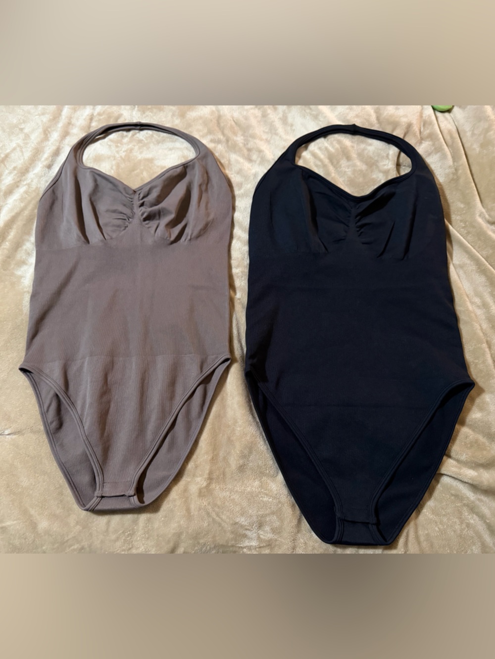 OQQ Ribbed Scoop Neck Bodysuit - Taupe & Black